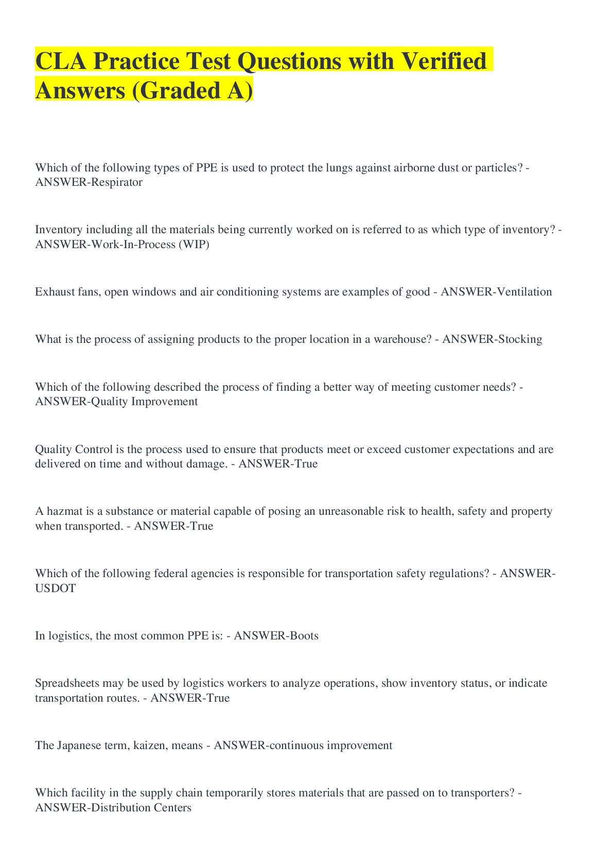 Preview image for CLA Practice Test Questions with Verified Answers (Graded A)